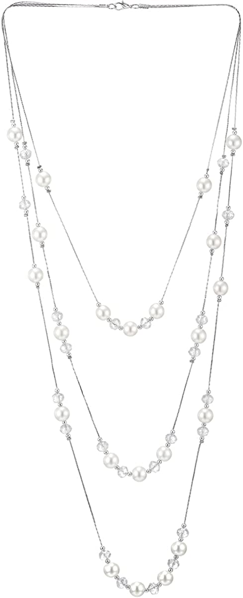 Beads Charms Statement Necklace Two-Strand Long Chains with White Pearls, Fashionable - COOLSTEELANDBEYOND Jewelry