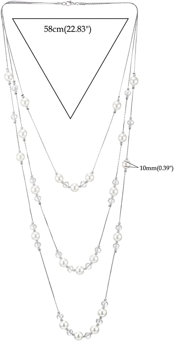 Beads Charms Statement Necklace Two-Strand Long Chains with White Pearls, Fashionable - COOLSTEELANDBEYOND Jewelry