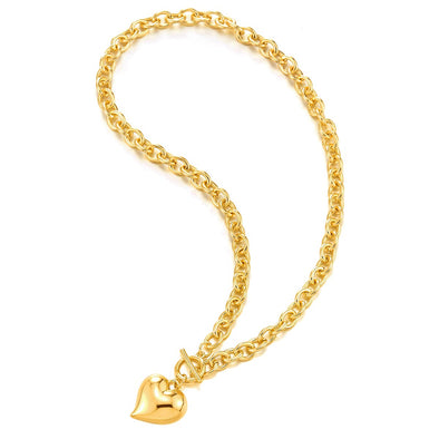 Gold Color Link Chain Toggle Clasp Statement Necklace with Puff Heart Charm - COOLSTEELANDBEYOND Jewelry