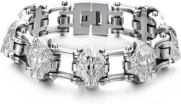Heavy and Study Mens Bike Chain Wolf Heads Bracelet Stainless Steel Silver Color High Polished Large - COOLSTEELANDBEYOND Jewelry