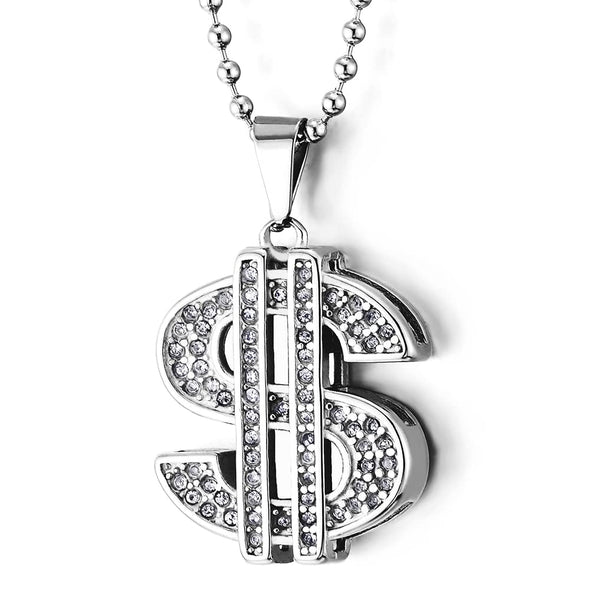 Hip Hop Punk, Mens Womens Steel US Dollar Money Sign Pendant with CZ Necklace, 30 Inches Ball Chain - COOLSTEELANDBEYOND Jewelry