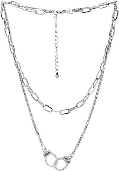 Hipster Womens Handcuff Necklace Two-strand Rolo Chain Oval Link Chain Silver Color, Punk Rock - COOLSTEELANDBEYOND Jewelry