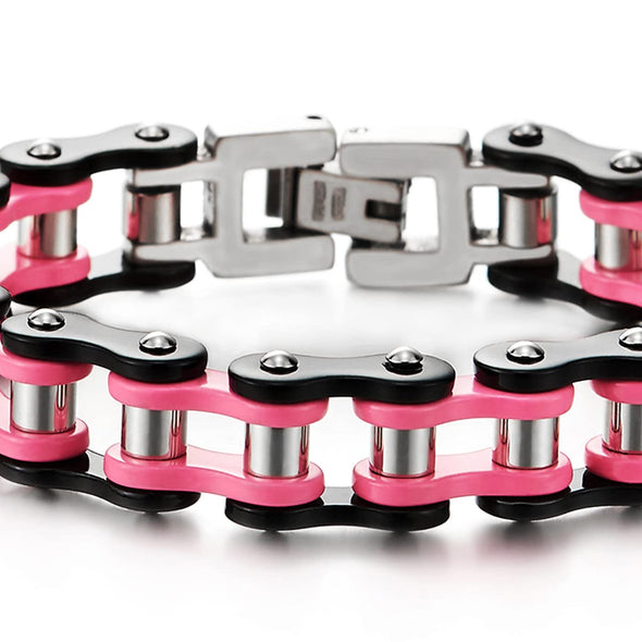 Ladies Stainless Steel Pink Black Motorcycle Bike Chain Bracelet with Buckle Clasp Polished - COOLSTEELANDBEYOND Jewelry