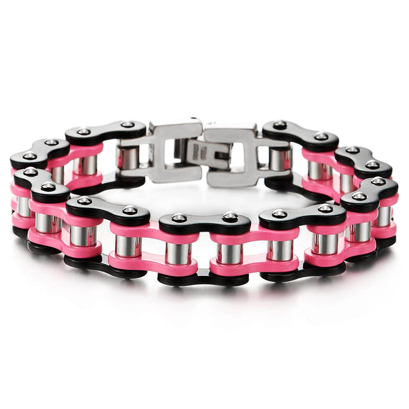 Ladies Stainless Steel Pink Black Motorcycle Bike Chain Bracelet with Buckle Clasp Polished - COOLSTEELANDBEYOND Jewelry