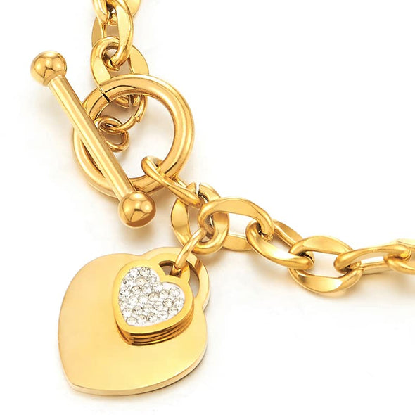 Ladies Steel Gold Color Link Chain Bracelet with Dangling Heart of Cubic Zirconia, Toggle Clasp - COOLSTEELANDBEYOND Jewelry