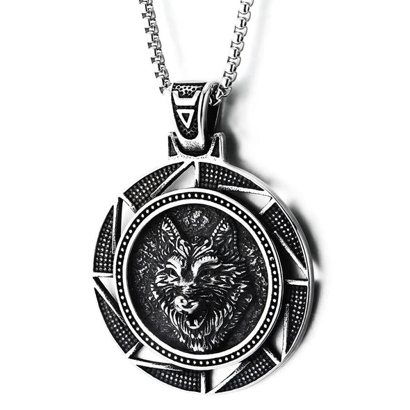 Men Stainless Steel Embossed Wolf Head Saw Blade Windmill Circle Medal Pendant Necklace - COOLSTEELANDBEYOND Jewelry