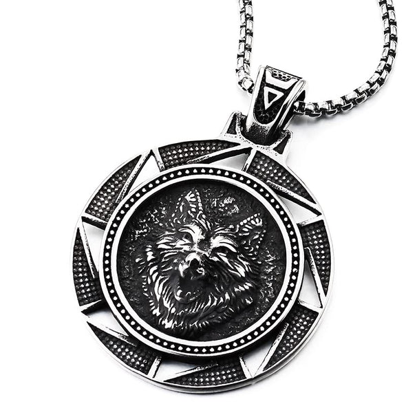 Men Stainless Steel Embossed Wolf Head Saw Blade Windmill Circle Medal Pendant Necklace - COOLSTEELANDBEYOND Jewelry