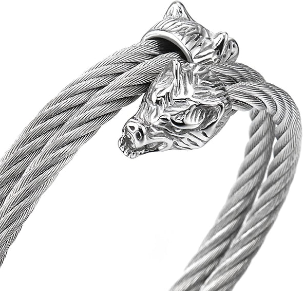 Men Stainless Steel Wolf Heads Two-row Twisted Cable Crossed Cuff Bangle Bracelet, Adjustable - COOLSTEELANDBEYOND Jewelry