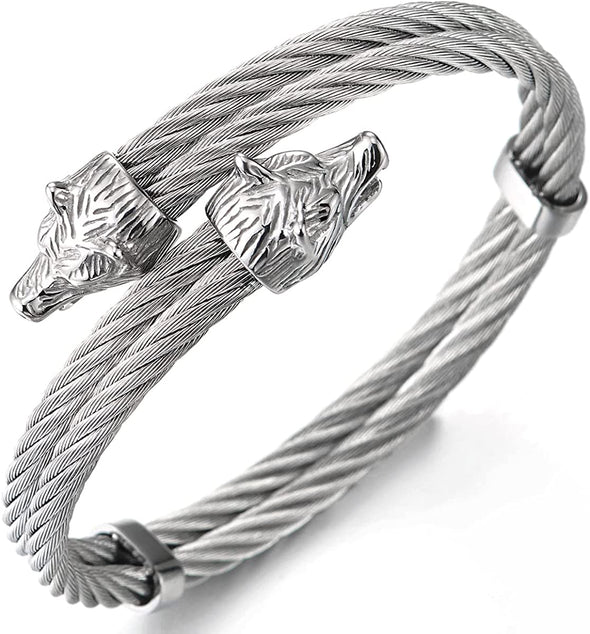 Men Stainless Steel Wolf Heads Two-row Twisted Cable Crossed Cuff Bangle Bracelet, Adjustable - COOLSTEELANDBEYOND Jewelry