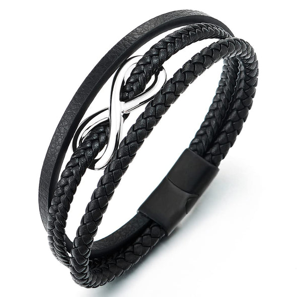 Men Women Steel Infinity Love Number 8 Friendship Bracelet Three-Strand Black Braided Leather Bangle - COOLSTEELANDBEYOND Jewelry