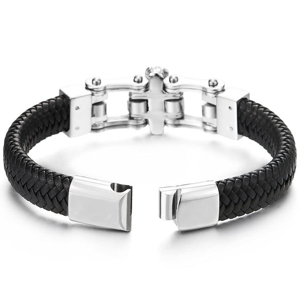 Mens Steel Lion Head Motorcycle Bike Chain Black Braided Leather Bangle Bracelet, Magnetic Clasp - COOLSTEELANDBEYOND Jewelry