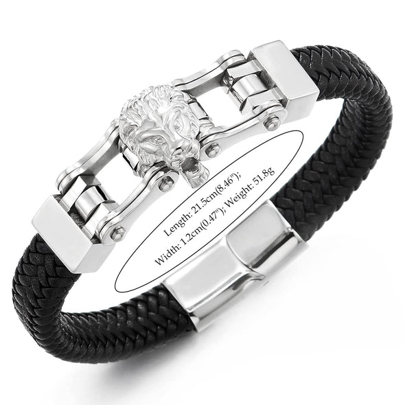 Mens Steel Lion Head Motorcycle Bike Chain Black Braided Leather Bangle Bracelet, Magnetic Clasp - COOLSTEELANDBEYOND Jewelry