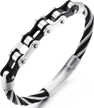 Mens Steel Silver Black Motorcycle Bike Chain Twisted Wire Bangle Bracelet, Spring Clasp - COOLSTEELANDBEYOND Jewelry