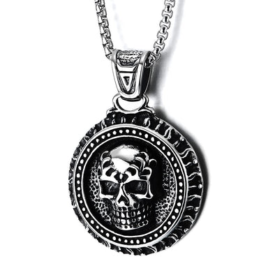 Mens Women Retro Style Blackened Stainless Steel Circle Skulls Pendant Necklace, 30 inch Wheat Chain - COOLSTEELANDBEYOND Jewelry