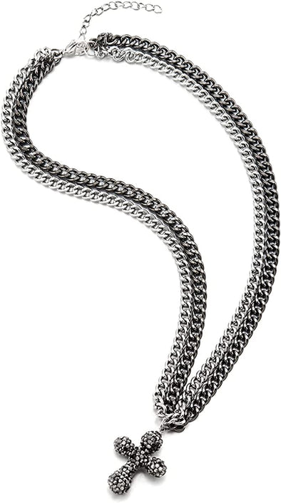 Mens Women Silver Black Two-strand Curb Chain Necklace with Cross in Grey Rhinestones - COOLSTEELANDBEYOND Jewelry