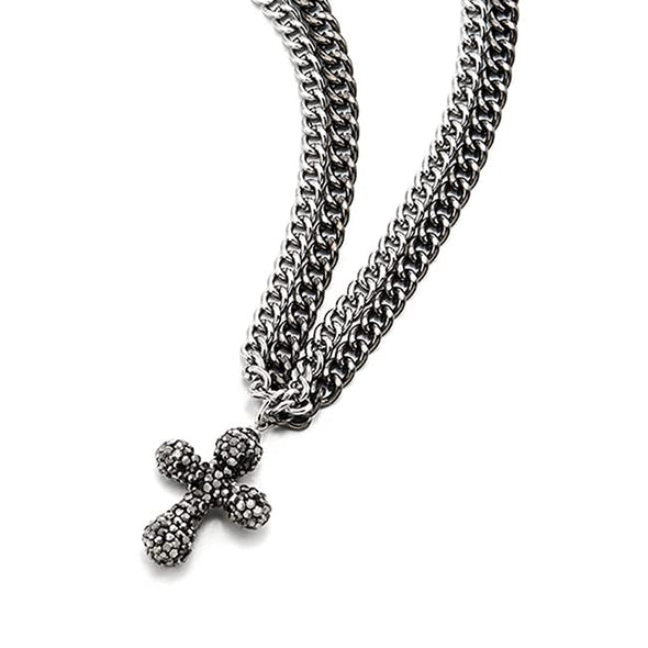 Mens Women Silver Black Two-strand Curb Chain Necklace with Cross in Grey Rhinestones - COOLSTEELANDBEYOND Jewelry