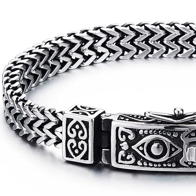 Mens Women Stainless Steel Franco Link Curb Chain Bracelet, Vintage Eye Spring Box Clasp 8.46 inches - COOLSTEELANDBEYOND Jewelry
