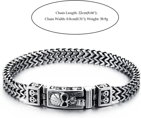 Mens Women Stainless Steel Franco Link Curb Chain Bracelet, Vintage Skull Spring Box Clasp 8.46 in - COOLSTEELANDBEYOND Jewelry