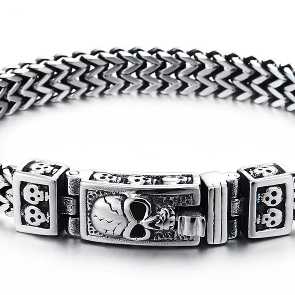 Mens Women Stainless Steel Franco Link Curb Chain Bracelet, Vintage Skull Spring Box Clasp 8.46 in - COOLSTEELANDBEYOND Jewelry