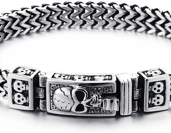 Mens Women Stainless Steel Franco Link Curb Chain Bracelet, Vintage Skull Spring Box Clasp 8.46 in - COOLSTEELANDBEYOND Jewelry