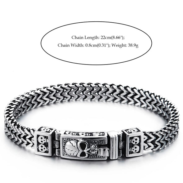 Mens Women Stainless Steel Franco Link Curb Chain Bracelet, Vintage Skull Spring Box Clasp 8.46 in - COOLSTEELANDBEYOND Jewelry