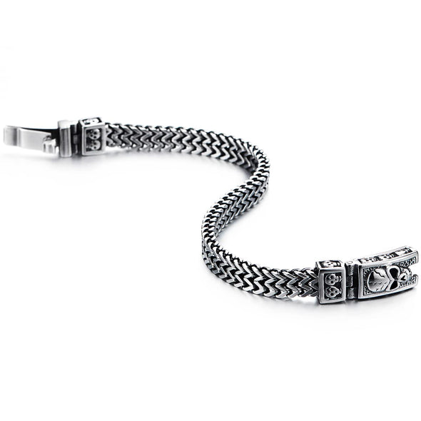 Mens Women Stainless Steel Franco Link Curb Chain Bracelet, Vintage Skull Spring Box Clasp 8.46 in - COOLSTEELANDBEYOND Jewelry