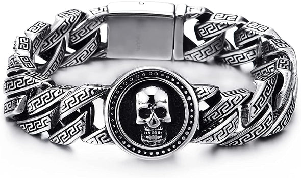 Mens Women Stainless Steel Pattern Curb Chain Bracelet with Circle of Skull, Biker Gothic - COOLSTEELANDBEYOND Jewelry