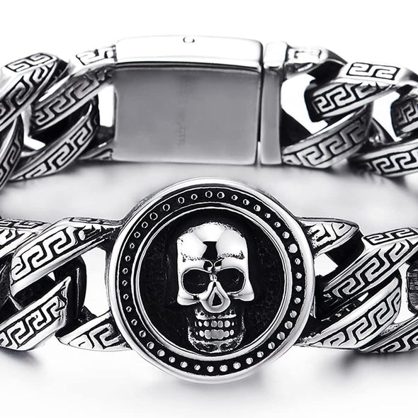 Mens Women Stainless Steel Pattern Curb Chain Bracelet with Circle of Skull, Biker Gothic - COOLSTEELANDBEYOND Jewelry