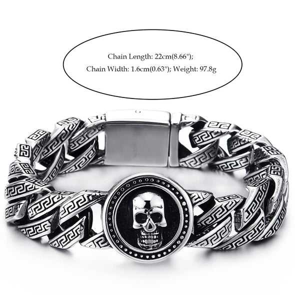 Mens Women Stainless Steel Pattern Curb Chain Bracelet with Circle of Skull, Biker Gothic - COOLSTEELANDBEYOND Jewelry