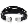 Mens Women Steel Horizontal Sideway Lateral Flat Cross Multi-Strand Black Leather Bangle Bracelet - COOLSTEELANDBEYOND Jewelry