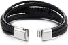 Mens Women Steel Horizontal Sideway Lateral Flat Cross Multi-Strand Black Leather Bangle Bracelet - COOLSTEELANDBEYOND Jewelry