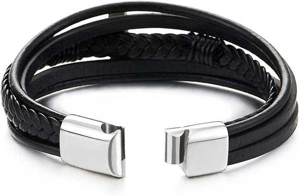 Mens Women Steel Horizontal Sideway Lateral Flat Cross Multi-Strand Black Leather Bangle Bracelet - COOLSTEELANDBEYOND Jewelry