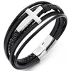 Mens Women Steel Horizontal Sideway Lateral Flat Cross Multi-Strand Black Leather Bangle Bracelet - COOLSTEELANDBEYOND Jewelry