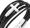 Mens Women Steel Horizontal Sideway Lateral Flat Cross Multi-Strand Black Leather Bangle Bracelet - COOLSTEELANDBEYOND Jewelry