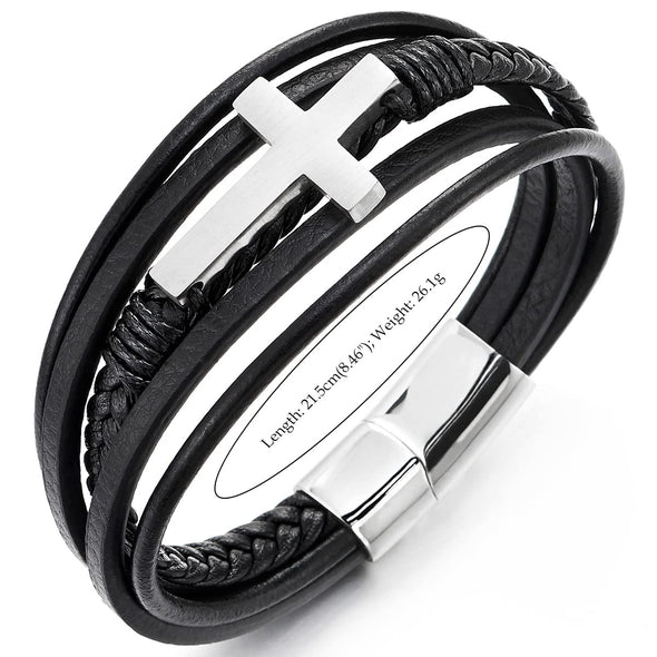 Mens Women Steel Horizontal Sideway Lateral Flat Cross Multi-Strand Black Leather Bangle Bracelet - COOLSTEELANDBEYOND Jewelry