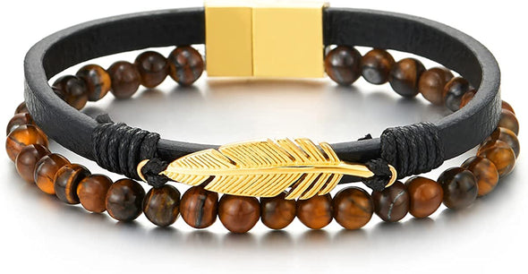 Mens Women Tiger Eye Beads String Black Leather Bangle Bracelet with Stainless Steel Feather Charm - COOLSTEELANDBEYOND Jewelry