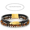 Mens Women Tiger Eye Beads String Black Leather Bangle Bracelet with Stainless Steel Feather Charm - COOLSTEELANDBEYOND Jewelry