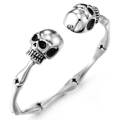 Mens Womens Skull Bone Link Cuff Bangle Bracelet, Stainless Steel, Polished, Elastic Adjustable - COOLSTEELANDBEYOND Jewelry