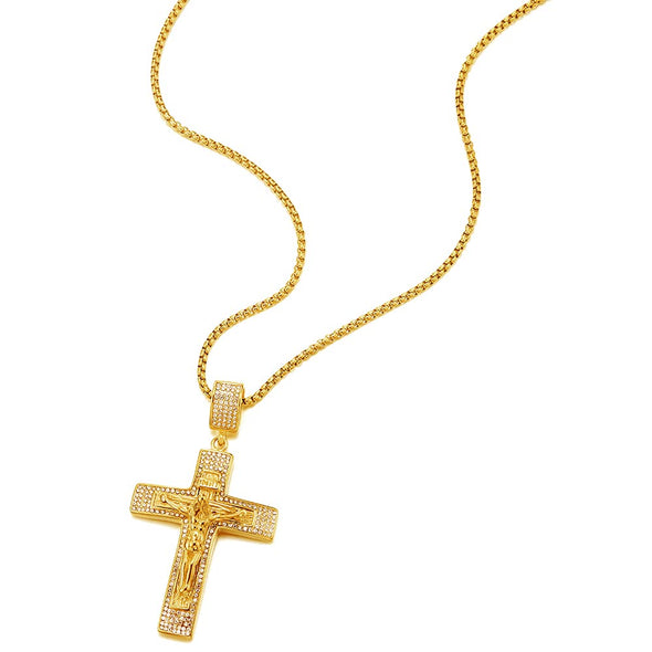 Mens Womens Steel Gold Color Jesus Christ Crucifix Cross Pendant Necklace with Cubic Zirconia - COOLSTEELANDBEYOND Jewelry