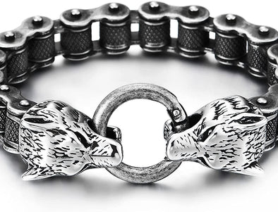 Retro Style Mens Steel Wolf Heads Checkered Diamond Pattern Bike Chain Bracelet, Spring Ring Clasp - COOLSTEELANDBEYOND Jewelry