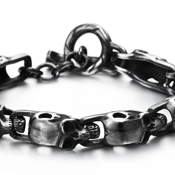 Stainless Steel Blackened Old Metal Finishing, Skulls Link Chain Bracelet for Man - COOLSTEELANDBEYOND Jewelry