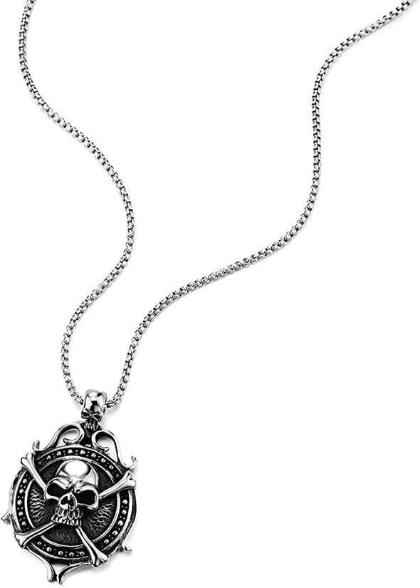 Stainless Steel Circle Bone Skull Pendant Necklace for Men, 30 in Chain, Gothic Tribal - COOLSTEELANDBEYOND Jewelry