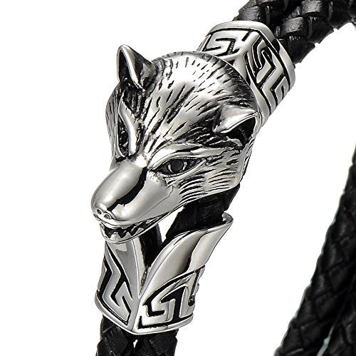 COOLSTEELANDBEYOND Stainless Steel Mens Wolf Head Bracelet with Black Genuine Braided Leather - coolsteelandbeyond