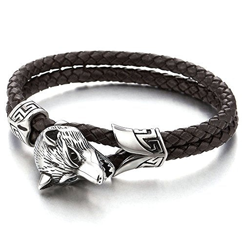 COOLSTEELANDBEYOND Stainless Steel Mens Wolf Head Bracelet with Black Genuine Braided Leather - coolsteelandbeyond