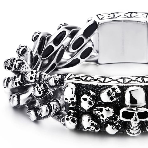 Stainless Steel Skull Charms Curb Chain Mens Large Skull Plate ID Identification Bracelet - COOLSTEELANDBEYOND Jewelry