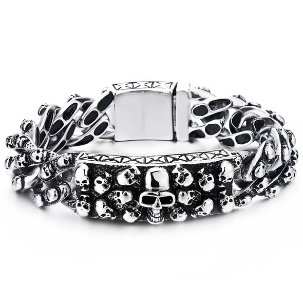 Stainless Steel Skull Charms Curb Chain Mens Large Skull Plate ID Identification Bracelet - COOLSTEELANDBEYOND Jewelry