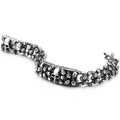 Stainless Steel Skull Charms Curb Chain Mens Large Skull Plate ID Identification Bracelet - COOLSTEELANDBEYOND Jewelry