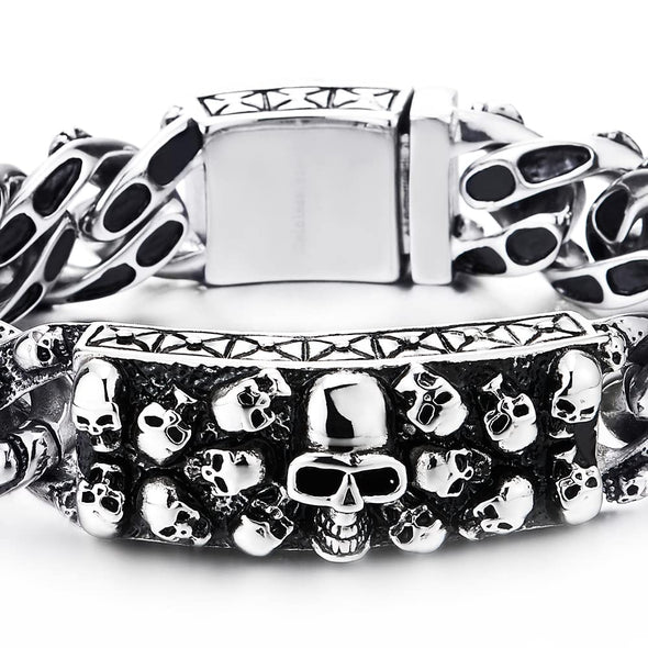 Stainless Steel Skull Charms Curb Chain Mens Large Skull Plate ID Identification Bracelet - COOLSTEELANDBEYOND Jewelry