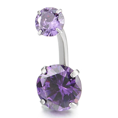 Steel Belly Button Ring Body Jewelry Piercing Navel Ring Barbells Double Purple Cubic Zirconia - COOLSTEELANDBEYOND Jewelry