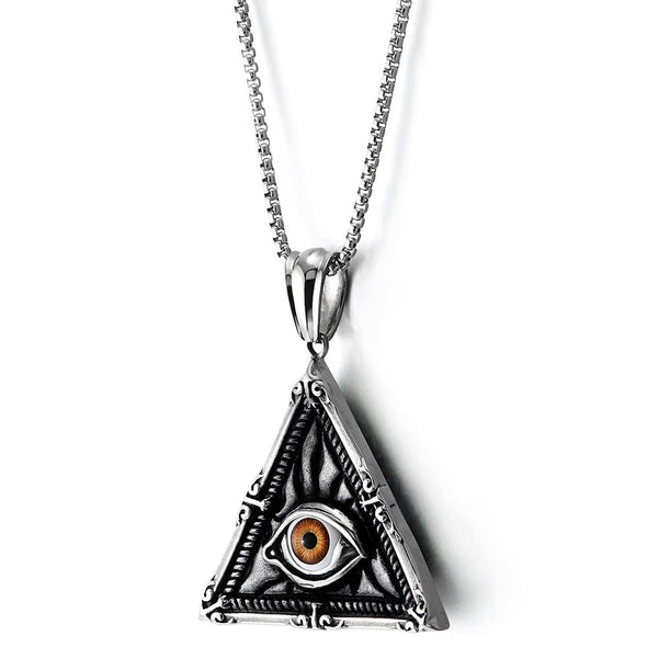 Steel Vintage Evil Eye Protection Triangle Pendant Necklace for Men Women 30 Inch Wheat Chain - COOLSTEELANDBEYOND Jewelry